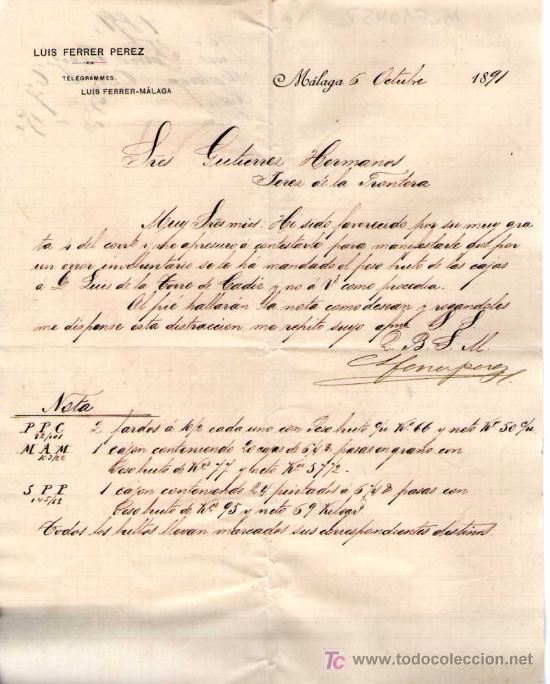 Cartas comerciales: MALAGA. 1891. CARTA COMERCIAL DE LUIS FERRER PEREZ.