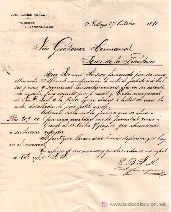 Cartas comerciales: MALAGA. 1891. CARTA COMERCIAL DE LUIS FERRER PEREZ.