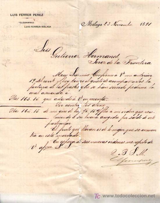 Cartas comerciales: MALAGA. 1891. CARTA COMERCIAL DE LUIS FERRER PEREZ.