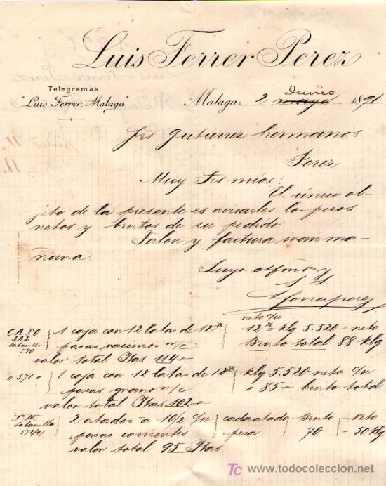 Cartas comerciales: MALAGA. 1891. CARTA COMERCIAL DE LUIS FERRER PEREZ.
