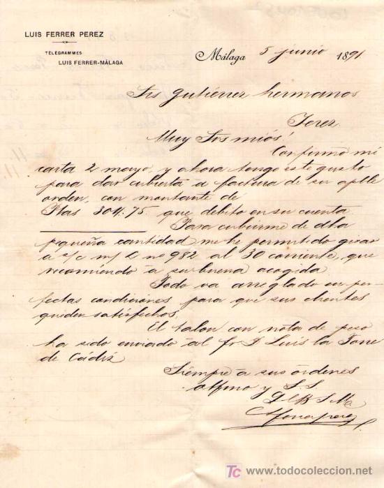 Gesch&auml;ftsbriefe: MALAGA. 1891. CARTA COMERCIAL DE LUIS FERRER PEREZ.