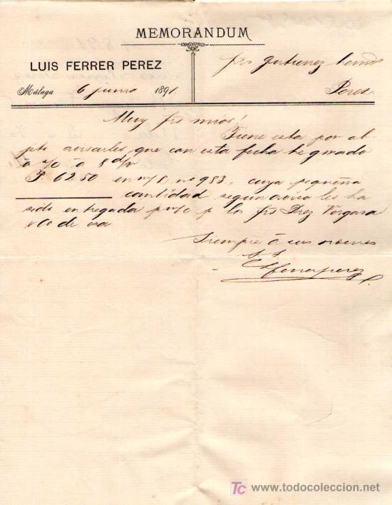 Gesch&auml;ftsbriefe: MALAGA. 1891. CARTA COMERCIAL DE LUIS FERRER PEREZ. MEMORANDUM.