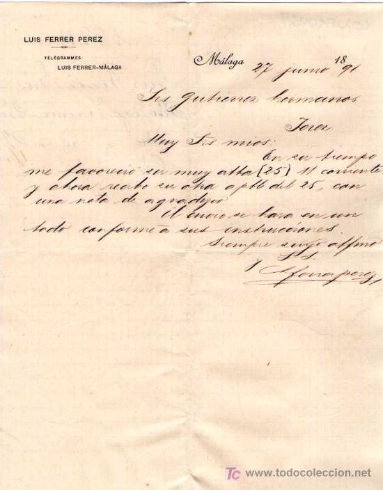 Gesch&auml;ftsbriefe: MALAGA. 1891. CARTA COMERCIAL DE LUIS FERRER PEREZ.