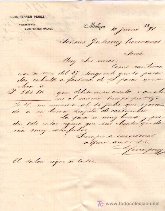 Gesch&auml;ftsbriefe: MALAGA. 1891. CARTA COMERCIAL DE LUIS FERRER PEREZ.