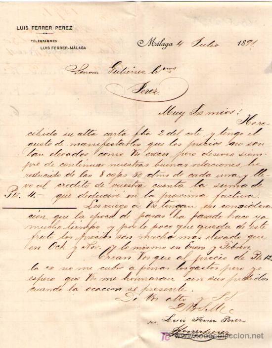 Gesch&auml;ftsbriefe: MALAGA. 1891. CARTA COMERCIAL DE LUIS FERRER PEREZ.