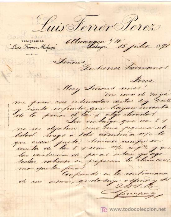 Gesch&auml;ftsbriefe: MALAGA. 1891. CARTA COMERCIAL DE LUIS FERRER PEREZ.