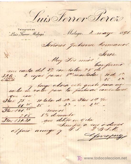 Gesch&auml;ftsbriefe: MALAGA. 1891. CARTA COMERCIAL DE LUIS FERRER PEREZ.