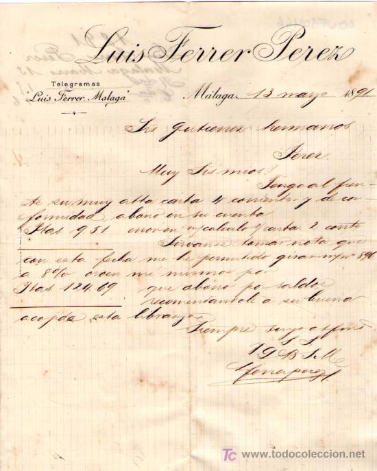 Gesch&auml;ftsbriefe: MALAGA. 1891. CARTA COMERCIAL DE LUIS FERRER PEREZ.