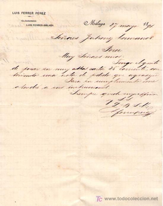 Gesch&auml;ftsbriefe: MALAGA. 1891. CARTA COMERCIAL DE LUIS FERRER PEREZ.
