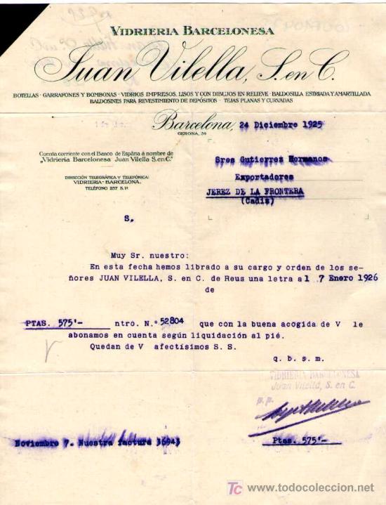 Gesch&auml;ftsbriefe: BARCELONA. 1925. CARTA COMERCIAL DE VIDRIERA BARCELONESA. JUAN VILELLA. S. C.