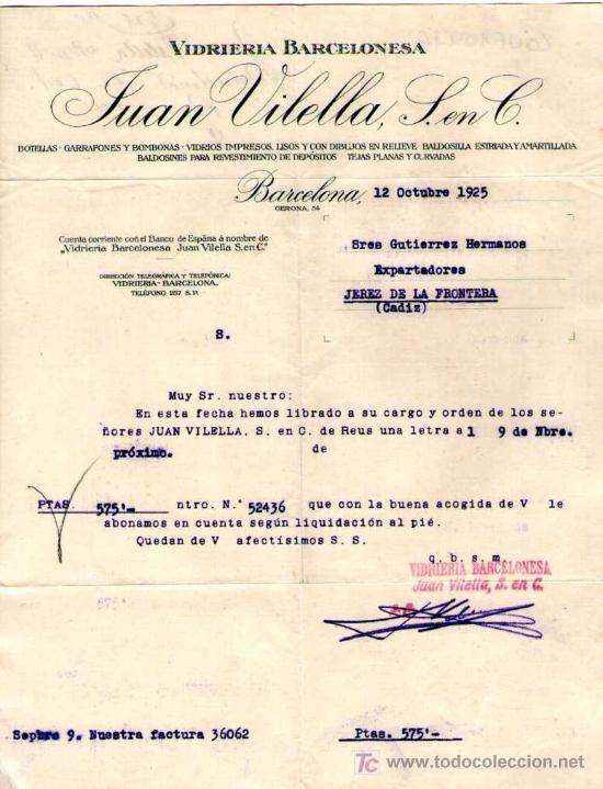 Gesch&auml;ftsbriefe: BARCELONA. 1925. CARTA COMERCIAL DE VIDRIERA BARCELONESA. JUAN VILELLA. S. C.