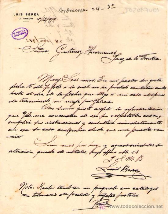 Cartas comerciais: LA CORU&Ntilde;A. 1912. CARTA COMERCIAL DE LUIS BEREA.