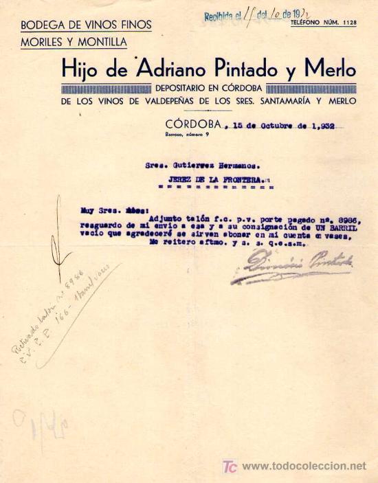 Commercial Letters: CORDOBA. 1932. CARTA COMERCIAL DE BODEGA DE VINOS FINOS, MORILES Y MONTILLA. HIJO DE ADRIANO PINTADO