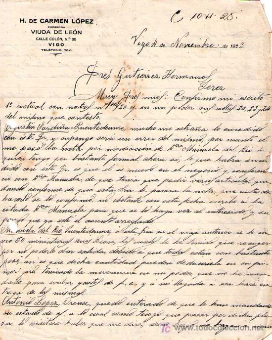 Cartas comerciales: VIGO. 1923. CARTA COMERCIAL DE H. DE CARMEN LOPEZ.