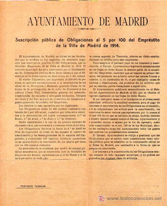 Gesch&auml;ftsbriefe: MADRID. 1914. CARTA COMERCIAL DE AYUNTAMIENTO DE MADRID. SUSCRIPCION PUBLICA DE OBLIGACIONES.
