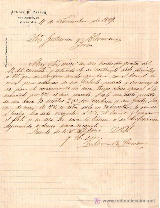 Gesch&auml;ftsbriefe: CORU&Ntilde;A. 1889. CARTA COMERCIAL DE JULIAN R. PARRON.