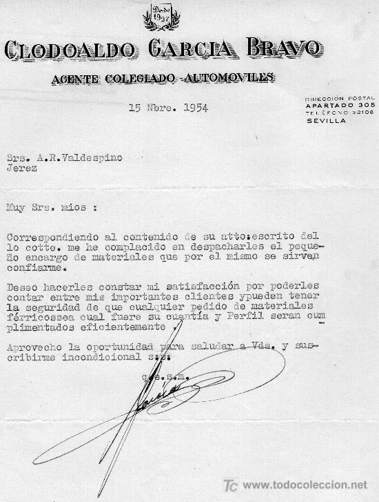Gesch&auml;ftsbriefe: SEVILLA 15 DE NOVIEMBRE DE 1954 CARTA COMERCIAL GLODOALDO GARCIA BRAVO