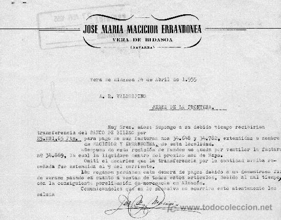 Gesch&auml;ftsbriefe: VERA DE BIDASOA 24 DE ABRIL DE 1955.CARTA COMERCIAL JOSE MARIA MACICCIOR ERRANDONEA (NAVARRA)
