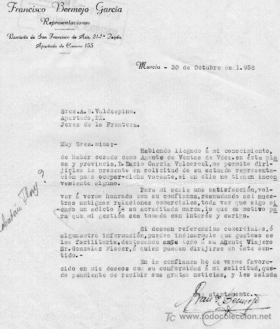 Gesch&auml;ftsbriefe: MURCIA 30 DE OCTUBRE DE 1958.CARTA COMERCIAL FRANCISCO BERMEJO GARC&Iacute;A REPRESENTACIONES