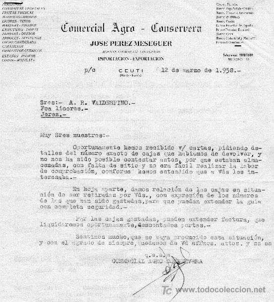 Gesch&auml;ftsbriefe: CEUTI(MURCIA) 12 DE MARZO DE 1958 .CARTA COMERCIAL AGRO- CONSERVERA JOS&Eacute; PEREZ MESEGUER