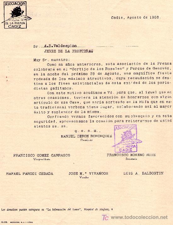 Gesch&auml;ftsbriefe: CADIZ, AGOSTO 1958 .CARTA COMERCIAL ASOCIACION DE LA PRENSA CADIZ