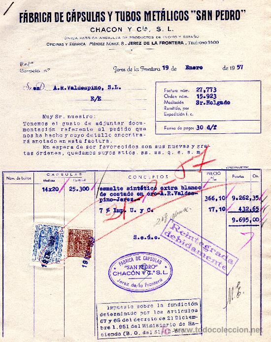Gesch&auml;ftsbriefe: JEREZ DE LA FRONTERA 19 DE ENERO DE 1957.CARTA COMERCIAL F&Aacute;BRICA DE C&Aacute;PSULAS Y TUBOS METALICOS