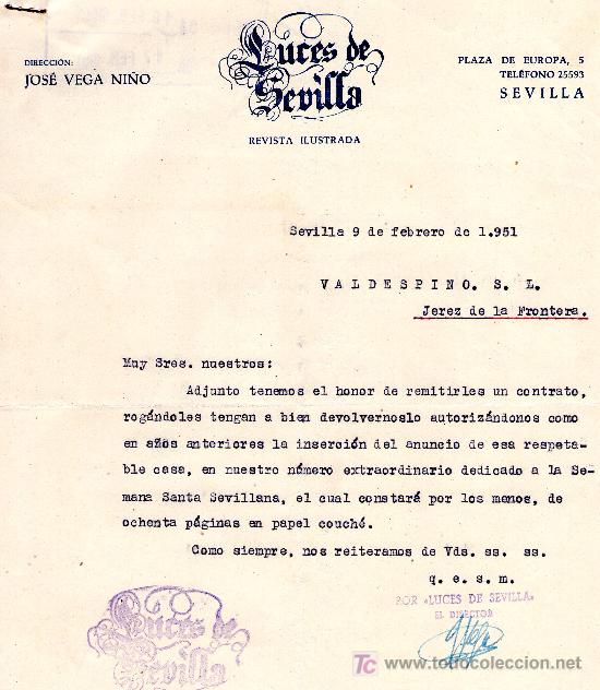 Gesch&auml;ftsbriefe: SEVILLA 9 DE FEBRERO DE  1951.CARTA COMERCIALLUCES DE SEVILLA REVISTA ILUSTRADA