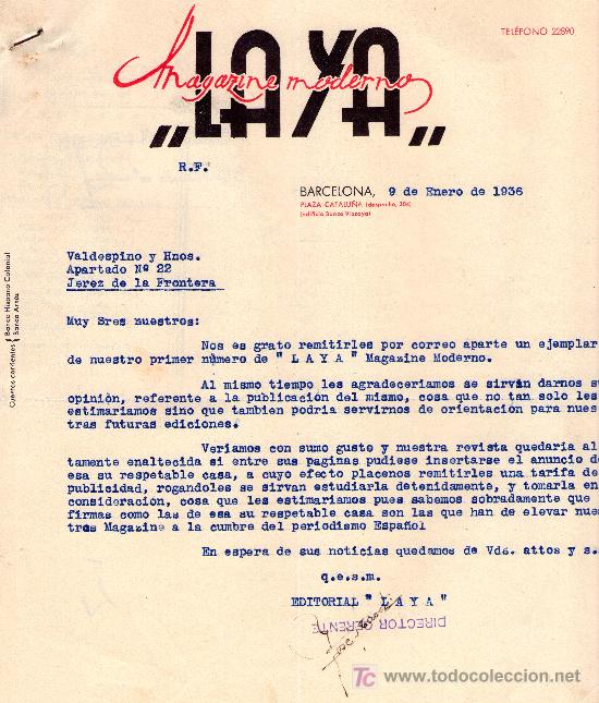 Gesch&auml;ftsbriefe: BARCELONA 9 DE ENERO DE 1936.CARTA COMERCIALMAGAZINE MODERNO&rdquo;LAYA&rdquo;