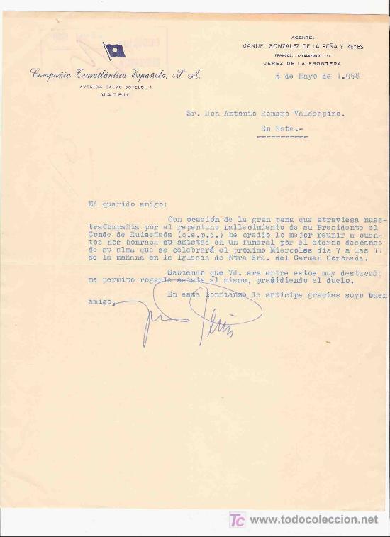 Gesch&auml;ftsbriefe: CARTA COMERCIAL. COMPA&Ntilde;IA CASATLANTICA ESPA&Ntilde;OLA, S. A. A.R. VALDESPINO. JEREZ, MAYO DE 1958.