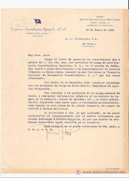 Gesch&auml;ftsbriefe: CARTA COMERCIAL. COMPA&Ntilde;IA CASATLANTICA ESPA&Ntilde;OLA, S. A. A.R. VALDESPINO. JEREZ, ENERO DE 1958.