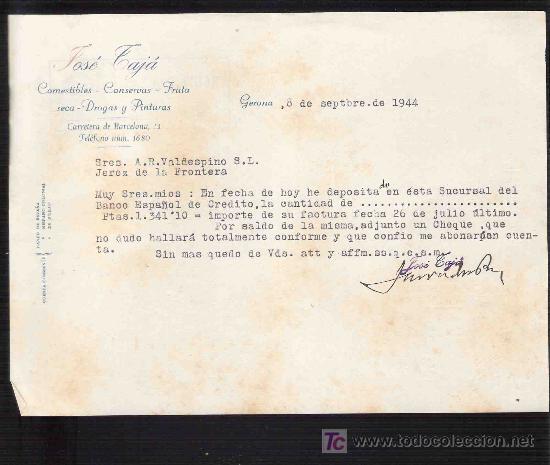 Gesch&auml;ftsbriefe: CARTA COMERCIAL. JOSE TAJA. A.R. VALDESPINO. JEREZ. GERONA, SEPTIEMBRE DE 1944.