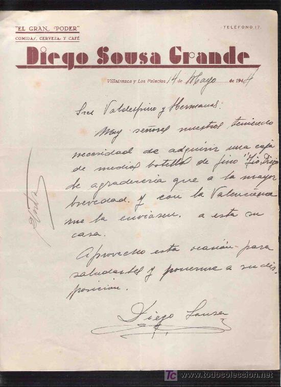 Gesch&auml;ftsbriefe: CARTA COMERCIAL. DIEGO SOUSA GRANDE. VILLAFRANCA Y LOS PALACIOS, MAYO 1944.