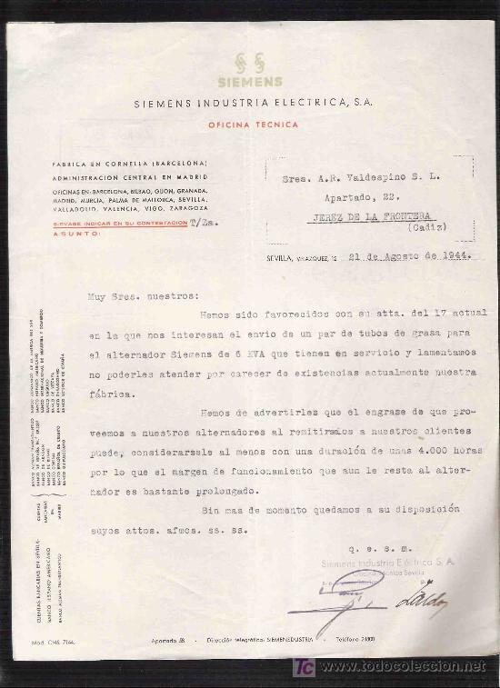 Gesch&auml;ftsbriefe: CARTA COMERCIAL. SIEMENS. OFICINA TECNICA. A.R. VALDESPINO. JEREZ. SEVILLA, AGOSTO 1944.
