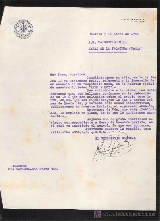 Gesch&auml;ftsbriefe: CARTA COMERCIAL.SOCIEDAD EX-ALUMNOS Y PADRES DE FAMILIA. A.R. VALDESPINO. JEREZ. MADRID, ENERO 1944.