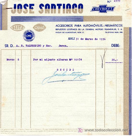 Gesch&auml;ftsbriefe: JEREZ 31 DE MARZO DE 1936.CARTA COMERCIAL JOSE SANTIAGO ACCESORIOS PARA AUTOM&Oacute;VILES-NEUM&Aacute;TICOS