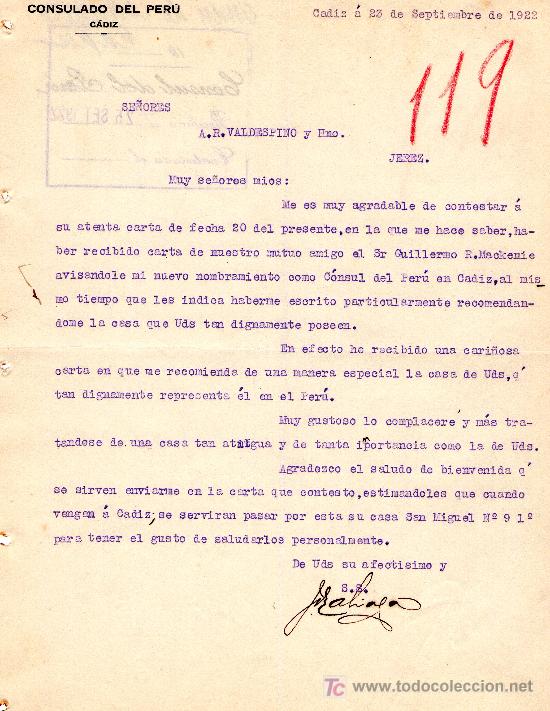 Gesch&auml;ftsbriefe: CADIZ A 23 DE SEPTIEMBRE DE 1922.CARTA COMERCIAL CONSULADO DEL PER&Uacute; CADIZ