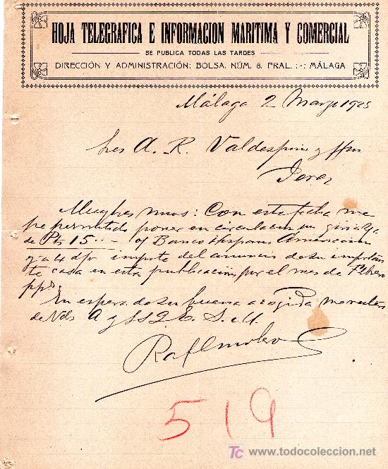 Gesch&auml;ftsbriefe: MALAGA 2 DE MAYO 1925.CARTA COMERCIAL HOJA TELEGRAFICA E INFORMACION MARITIMA Y COMERCIAL