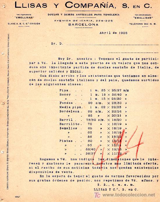 Gesch&auml;ftsbriefe: ABRIL 1925.CARTA COMERCIAL LLISAS Y COMPA&Ntilde;&Iacute;A, S.EN C..BARCELONA