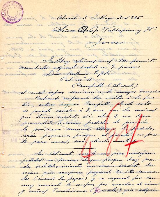 Gesch&auml;ftsbriefe: ALICANTE 3 DE MAYO DE 1925.CARTA COMERCIAL FRANCISCO MIRA REY NAU ALICANTE