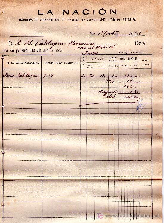 Gesch&auml;ftsbriefe: MES DE NOVIEMBRE DE 1925.CARTA COMERCIAL LA NACI&Oacute;N MARQU&Eacute;S DE MONASTERIO