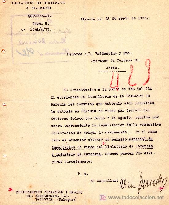 Gesch&auml;ftsbriefe: MADRID 26 DE SEPTIEMBRE DE 1925.CARTA COMERCIAL L&Eacute;GATION DE POLOGNE &Aacute; MADRID