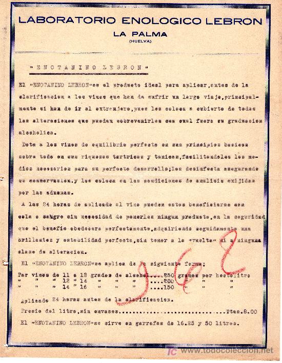 Gesch&auml;ftsbriefe: CARTA COMERCIAL LABORATORIO ENOLOGICO LEBRON LA PALMA (HUELVA)