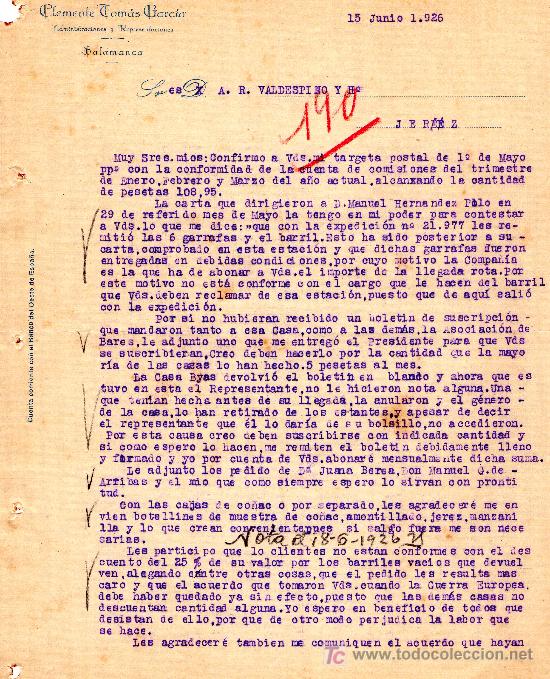 Gesch&auml;ftsbriefe: SALAMANCA 15 JUNIO 1926.CARTA COMERCIAL CLEMENTE TOM&Aacute;S GARC&Iacute;A