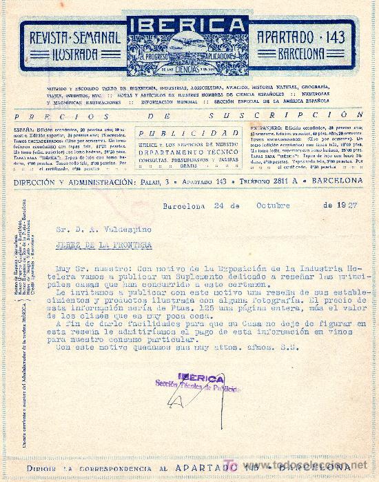 Gesch&auml;ftsbriefe: BARCELONA 24 DE OCTUBRE DE 1927.CARTA COMERCIAL REVISTA SEMANAL IBERICA