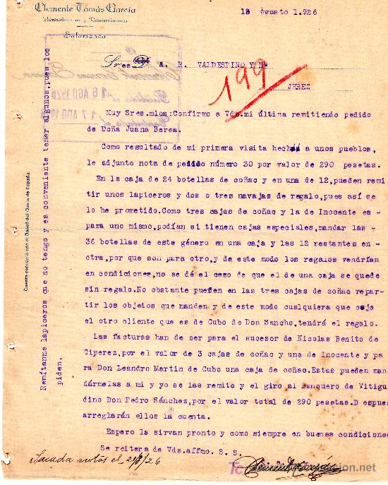 Gesch&auml;ftsbriefe: 13 AGOSTO DE 1926 CARTA COMERCIAL CLEMENTE TOM&Aacute;S GARC&Iacute;A. SALAMANCA