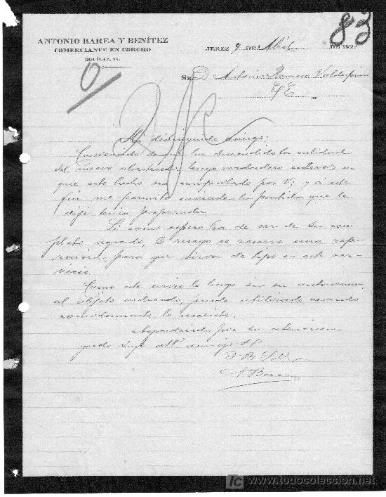 Gesch&auml;ftsbriefe: JEREZ 9  DE ABRIL DE 1928 CARTA COMERCIAL  ANTONIO BAREA Y BEN&Iacute;TEZ