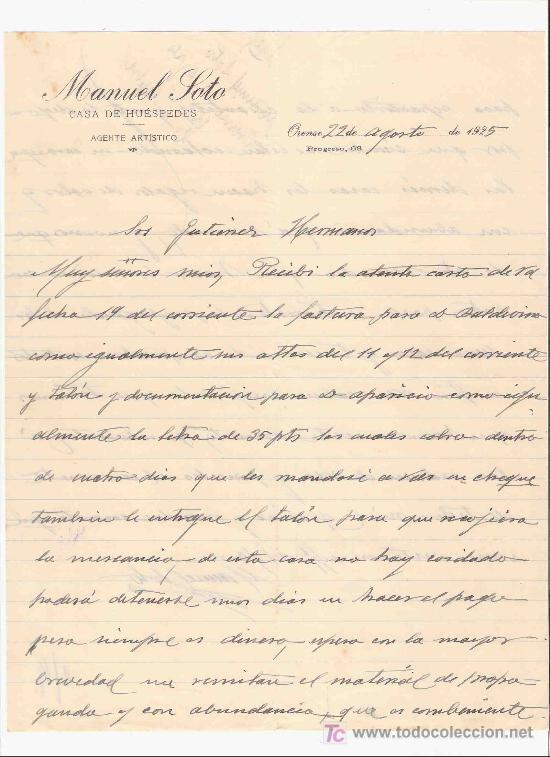 Lettres commerciales: CARTA COMERCIAL. MANUEL SOTO. CASA DE HUESPEDES. GUTIERREZ HNOS. JEREZ. ORENSE, AGOSTO 1925.