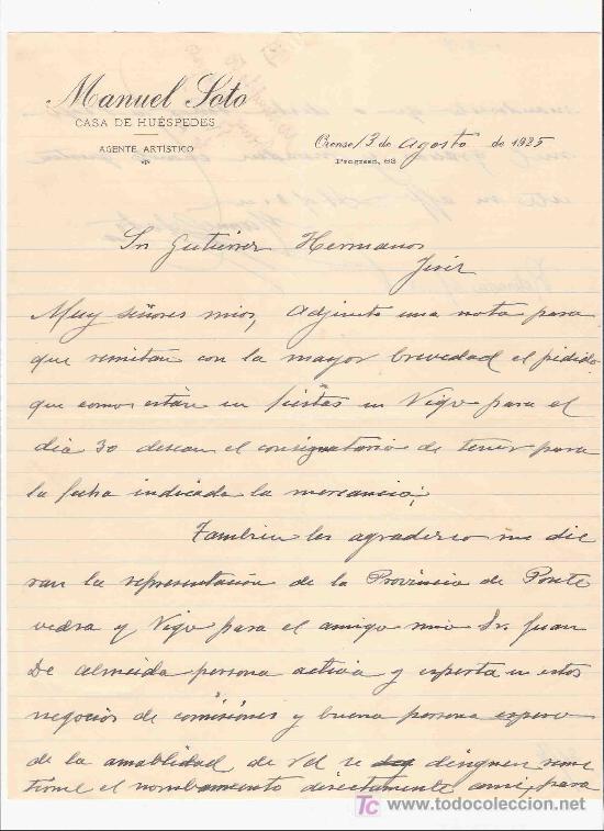 Lettres commerciales: CARTA COMERCIAL. MANUEL SOTO. CASA DE HUESPEDES. GUTIERREZ HNOS. JEREZ. ORENSE, AGOSTO 1925.