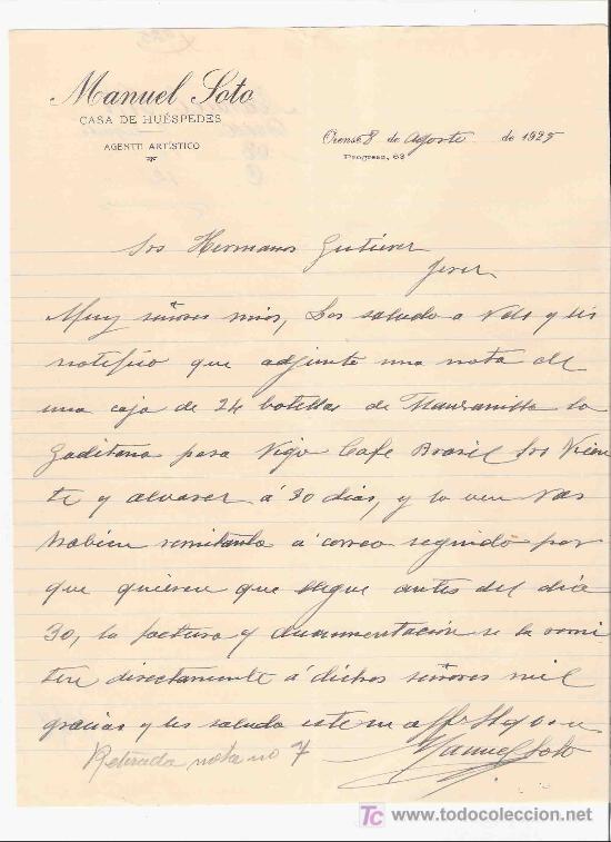Lettres commerciales: CARTA COMERCIAL. MANUEL SOTO. CASA DE HUESPEDES. GUTIERREZ HNOS. JEREZ. ORENSE, AGOSTO 1925.