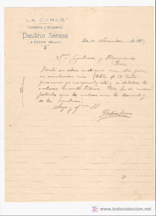 Lettres commerciales: CARTA COMERCIAL. PAULINO SARASA. LA CERES. GUTIERREZ HNOS. JEREZ. NOVIEMBRE DE 1925.